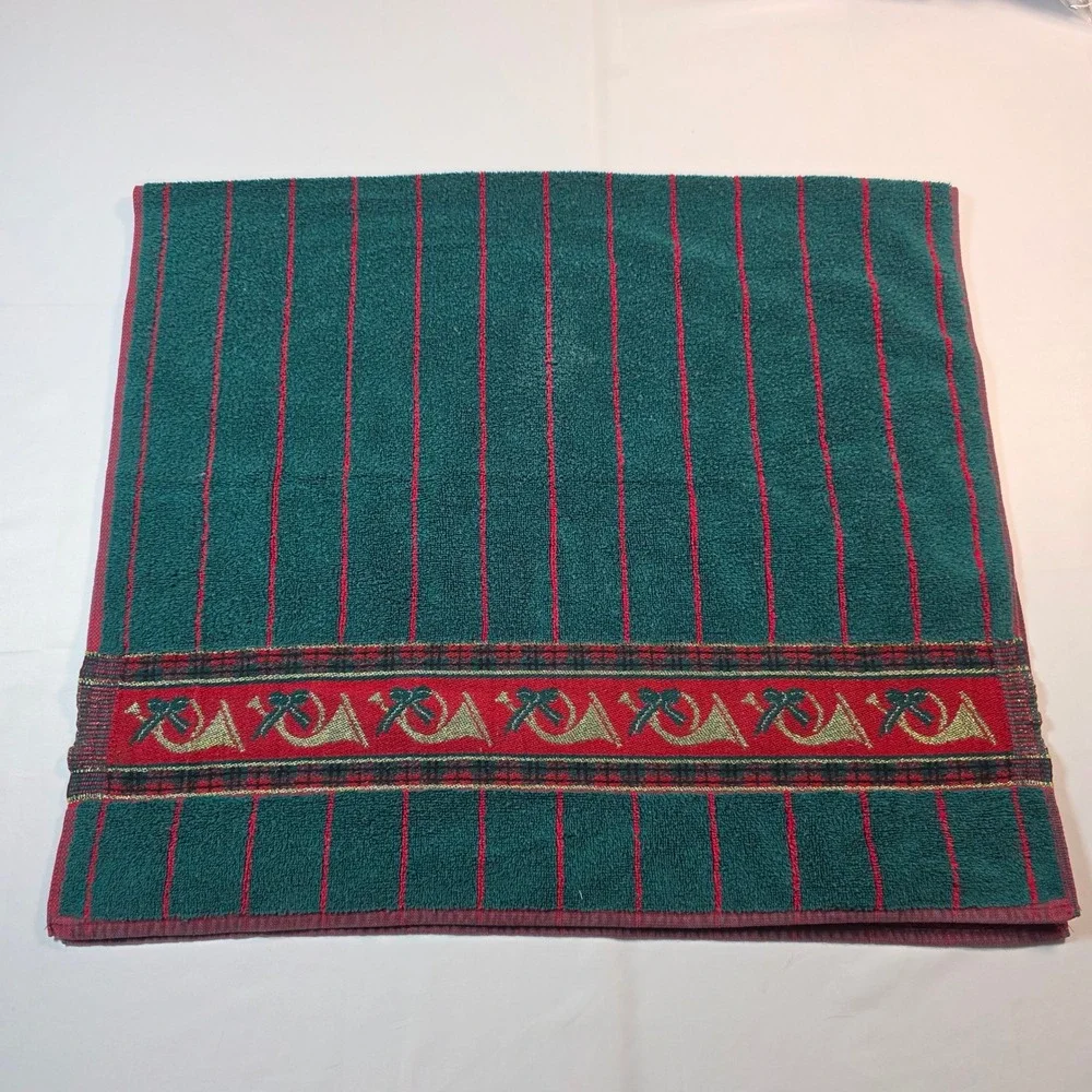 Vintage Fieldcrest Christmas Bath Towels Set 2 Green Red Gold French Horn‎ Bows